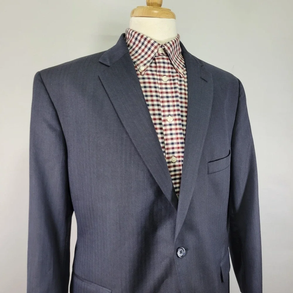 Tom James Men's Sport Coat Blazer‎ Two Button Navy Blue Wool Herringbone 44S